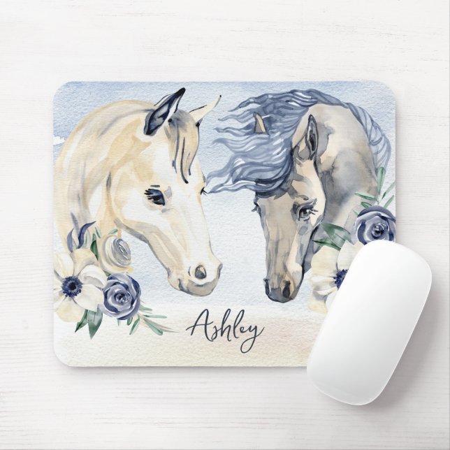 Tapis De Souris Cheval bleu gris avec fleurs nom personnalisé (Avec souris)