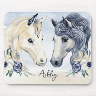 Tapis De Souris Cheval bleu gris avec fleurs nom personnalisé