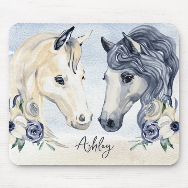 Tapis De Souris Cheval bleu gris avec fleurs nom personnalisé (Devant)