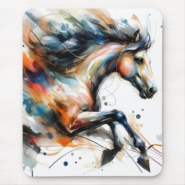 Tapis De Souris Cheval courant à l'aquarelle abstraite (Devant)