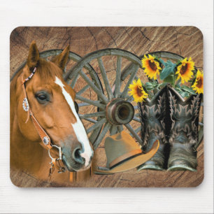 Tapis De Souris Cheval Cowboy Boots Wagon Wheels Sunflowers Wester