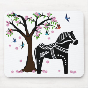 Tapis De Souris Cheval Dala noir/blanc folk, folk Oiseau/fleur