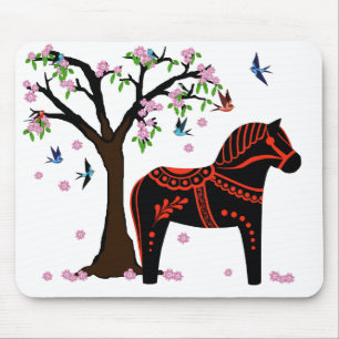 Tapis De Souris Cheval Dala noir/rouge folk, Oiseau/fleur folk