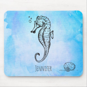 Tapis De Souris Cheval de mer et coquillage sur l'aquarelle bleue