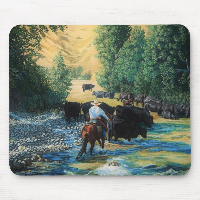 Tapis De Souris Cheval de ranch et commande et rivière de troupeau (Devant)