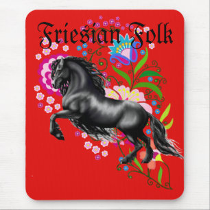 Tapis De Souris cheval d'étalon friésien, fleurs folkloriques