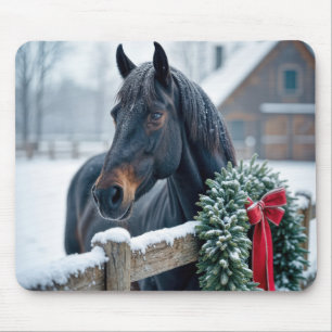 Tapis De Souris Cheval d'hiver avec couronne de Noël