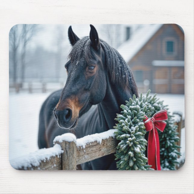 Tapis De Souris Cheval d'hiver avec couronne de Noël (Devant)