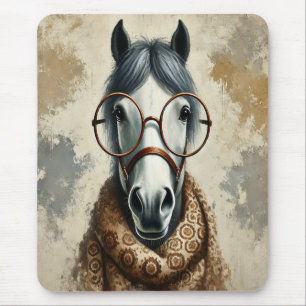 Tapis De Souris Cheval élégant avec lunettes - Art Vintage amusant