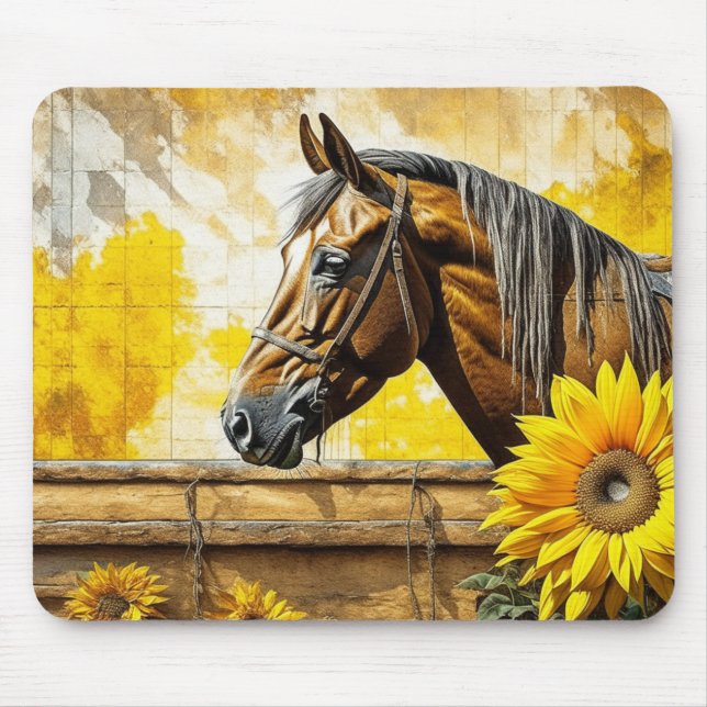 Tapis De Souris Cheval et Tournesol Belle AI Art (Devant)