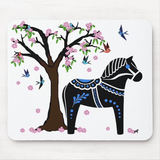 Tapis De Souris Cheval noir/blanc/bleu folklorique de Dala, oiseau (Devant)