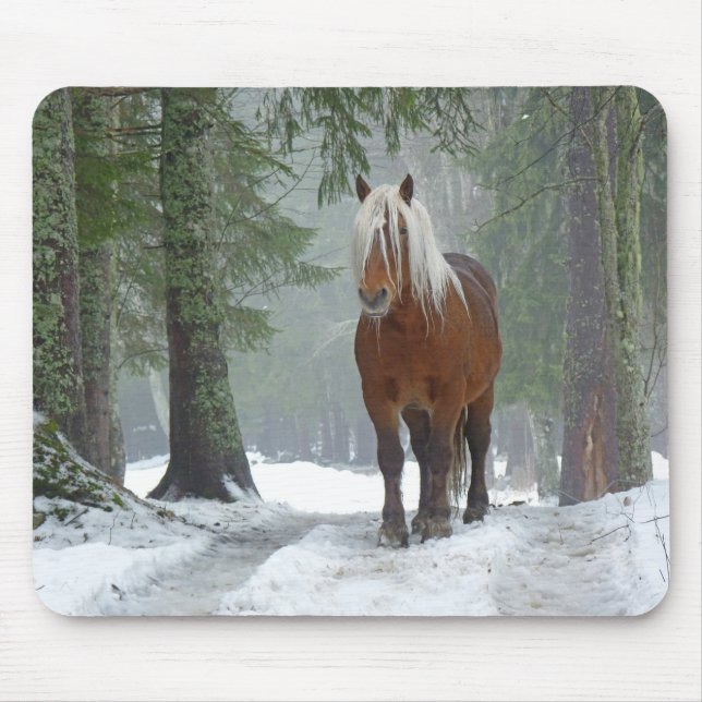 Tapis De Souris Cheval Palomino en hiver Neige avec pins (Devant)