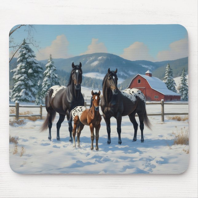 Tapis De Souris Chevaux Appaloosa noirs sur une ferme en hiver (Devant)