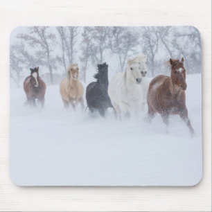 Tapis De Souris Chevaux courant à travers la neige