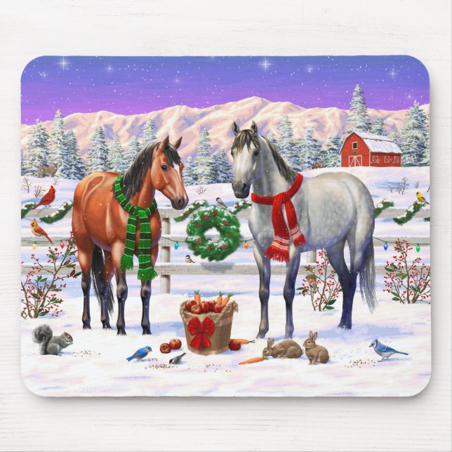 Tapis De Souris Chevaux de Noël en neige (Devant)