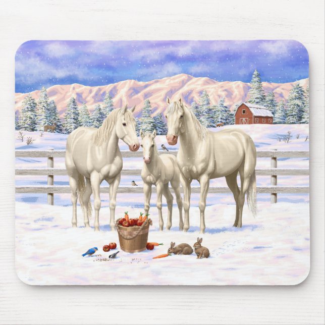 Tapis De Souris Chevaux Du Quartier Du Cremello Blanc En Neige (Devant)