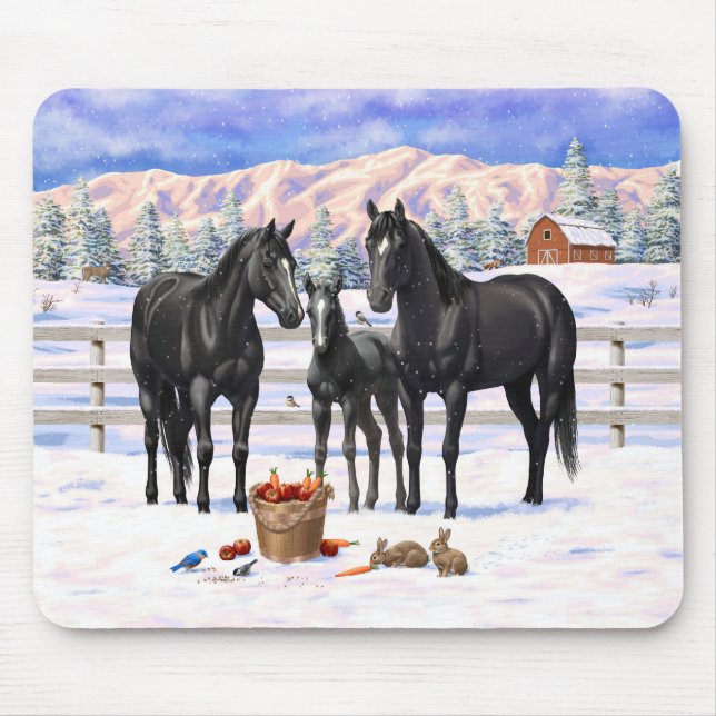Tapis De Souris Chevaux Du Quartier Noir En Neige (Devant)