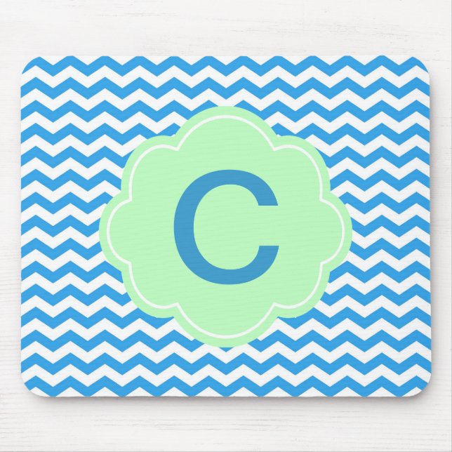 Tapis De Souris Chevron bleu, forme vert clair, monogramme (Devant)