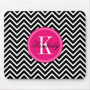 Tapis De Souris Chevron noir et blanc avec le monogramme rose
