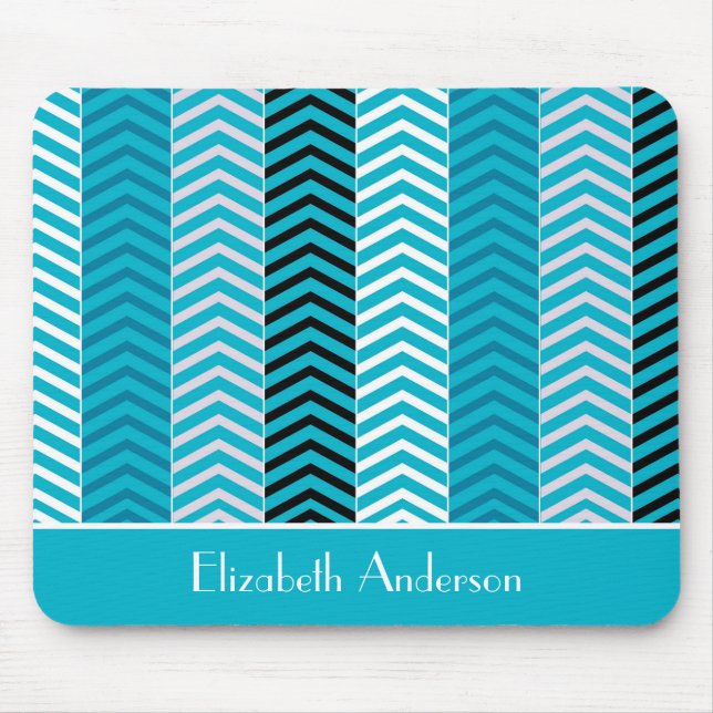 Tapis De Souris Chevron Turquoise Moderne Grilles Avec Nom (Devant)