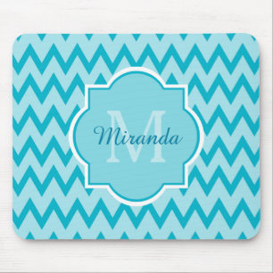 Tapis De Souris Chevron Zigzag Nom et Monogramme tendance Turquois