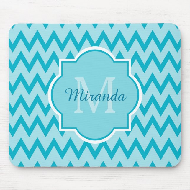 Tapis De Souris Chevron Zigzag Nom et Monogramme tendance Turquois (Devant)