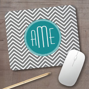 Tapis De Souris Chevrons turquoises au charbon de bois Monogramme