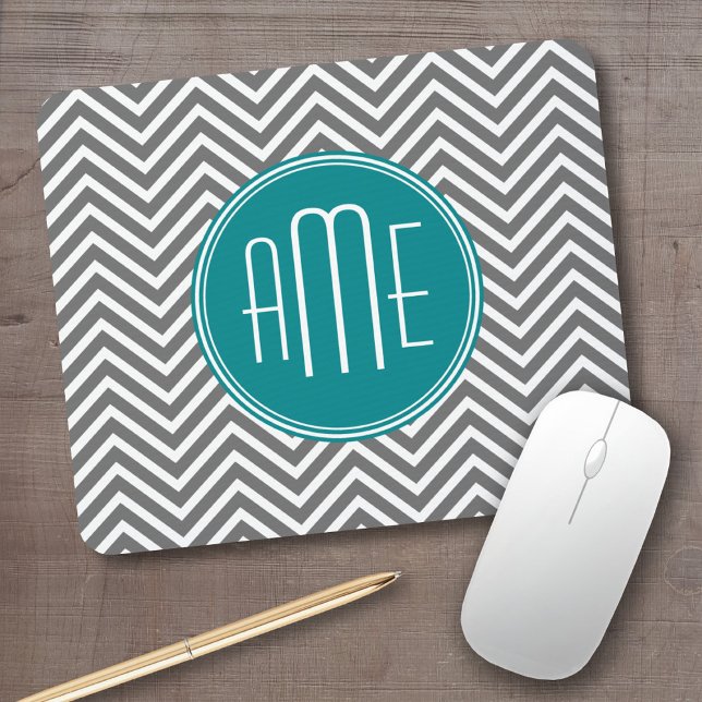 Tapis De Souris Chevrons turquoises au charbon de bois Monogramme  (Personalized mousepad - add your custom text)