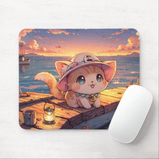 Tapis De Souris Chibi Chat Mignon au Coucher de Soleil du Port – F