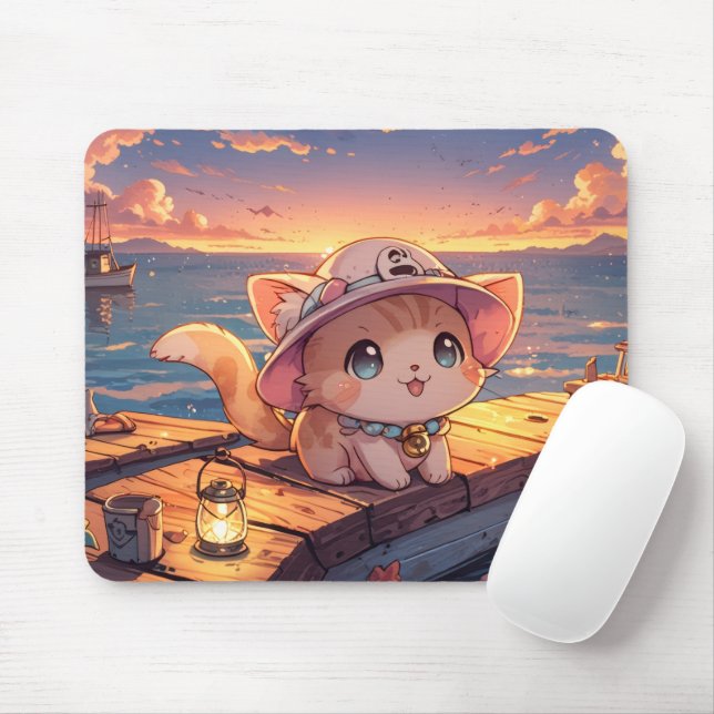 Tapis De Souris Chibi Chat Mignon au Coucher de Soleil du Port – F (Avec souris)