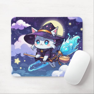 Tapis De Souris Chibi Sorcière Chat Volant dans le Ciel Étoilé – K