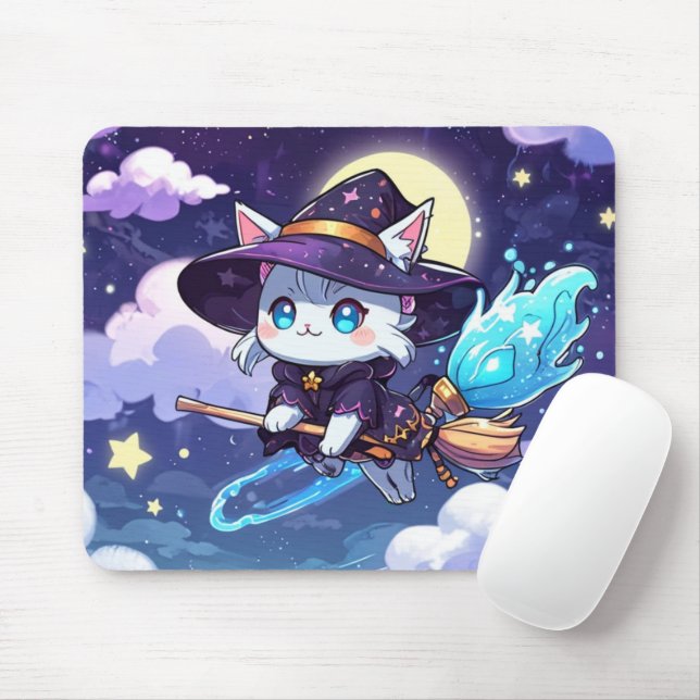 Tapis De Souris Chibi Witch Cat Flying in Starry Sky – Kawaii Magi (Avec souris)