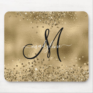 Tapis De Souris Chic Black Gold Parties scintillant Monogramme Nom
