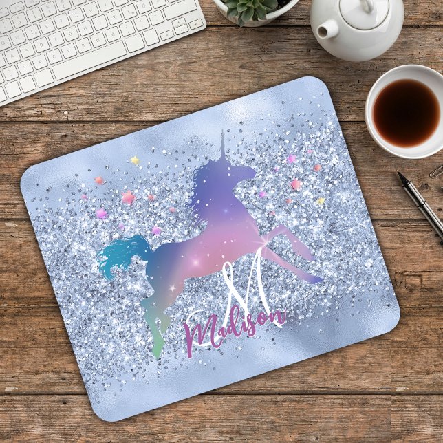 Tapis De Souris Chic bleu licorne parties scintillant étoiles mono (Créateur téléchargé)