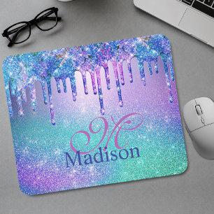 Tapis De Souris Chic bleu violet ombre paillettes gouttes monogram