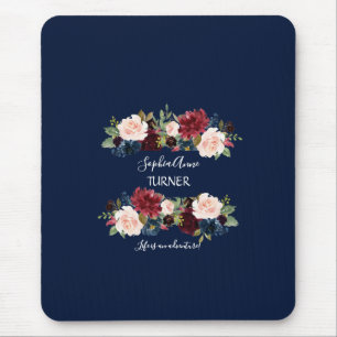 Tapis De Souris Chic Bourgogne Blush Floral Navy Monogramme bleu