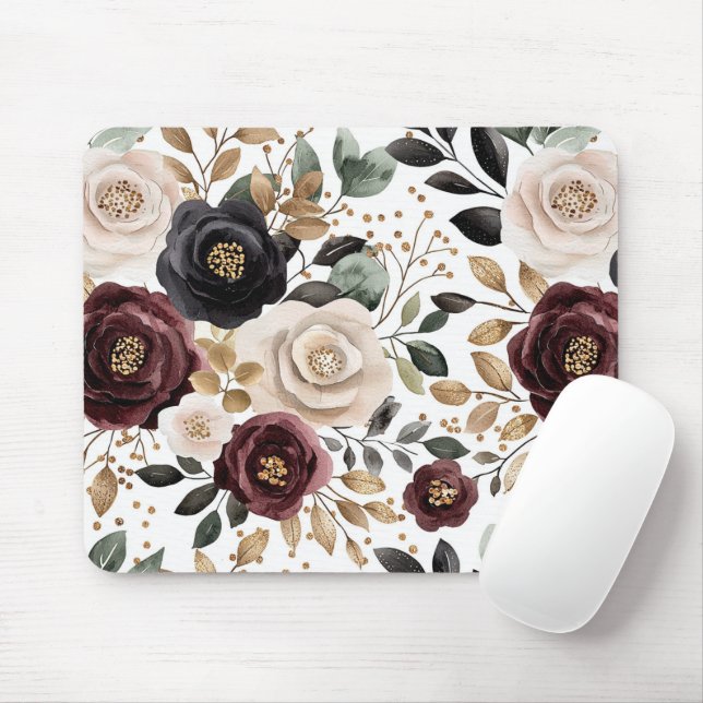 Tapis De Souris Chic Bourgogne Crème Floral (Avec souris)