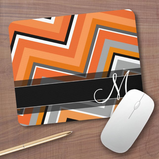 Tapis De Souris Chic Chevron Motif noir gris orange monogramme (Custom Mousepad)