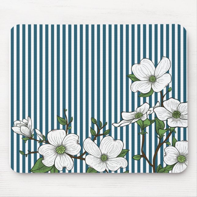 Tapis De Souris Chic Dogwood Blossoms & Stripes Pad Souris (Devant)