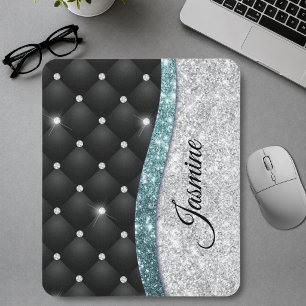 Tapis De Souris Chic faux argent pailleté noir sarcelle monogramme