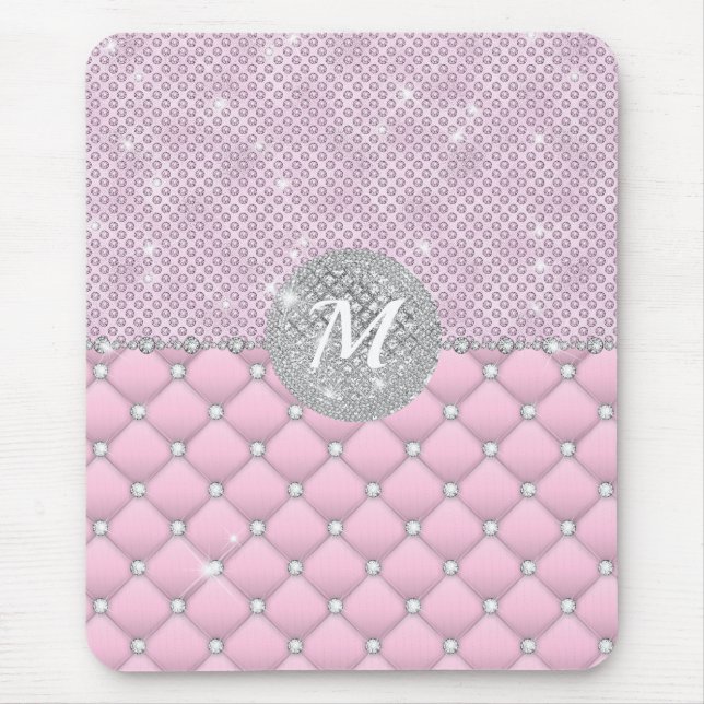 Tapis De Souris Chic Faux Crystal Pink Silver Diamond Monogramme (Devant)