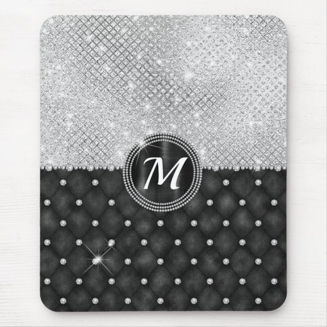 Tapis De Souris Chic Faux Crystal Silver Black Diamond Monogramme (Devant)
