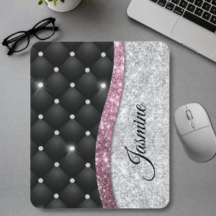 Tapis De Souris Chic fille faux paillettes argent noir rose monogr