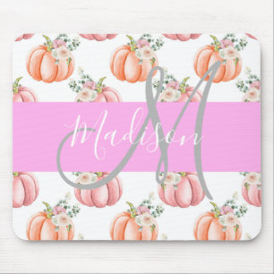 Tapis De Souris Chic Fleur Blanche Rose Pêche Citrouille Monogramm