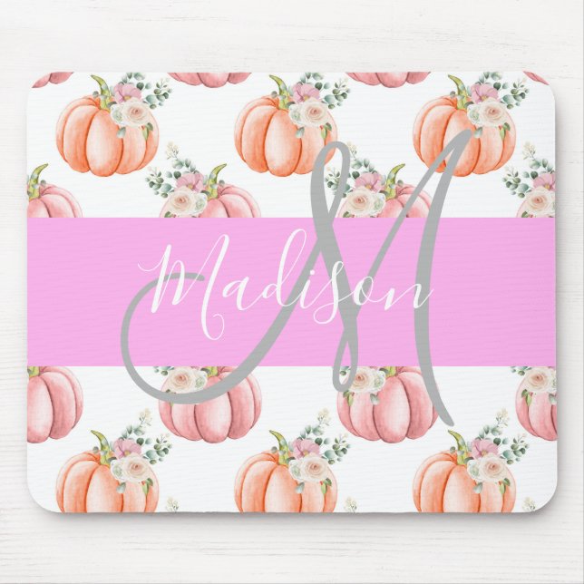 Tapis De Souris Chic Fleur Blanche Rose Pêche Citrouille Monogramm (Devant)