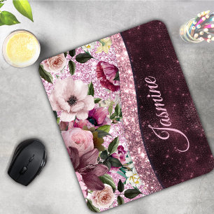 Tapis De Souris Chic floral Bourgogne rose violet parties scintill