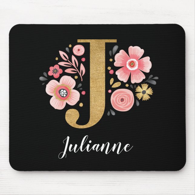 Tapis De Souris Chic Floral Monogramme Initial Rose Gold Lettre J (Devant)