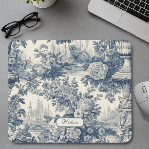 Tapis De Souris Chic floral vintage monogramme bleu toile de Jouy