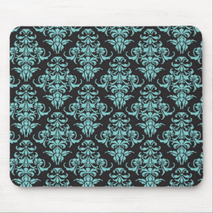Tapis De Souris Chic girly bleu de papier peint vintage de damass