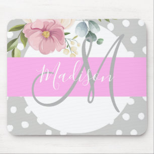 Tapis De Souris Chic & Girly Floral Blanc Rose Gris Monogramme Nom
